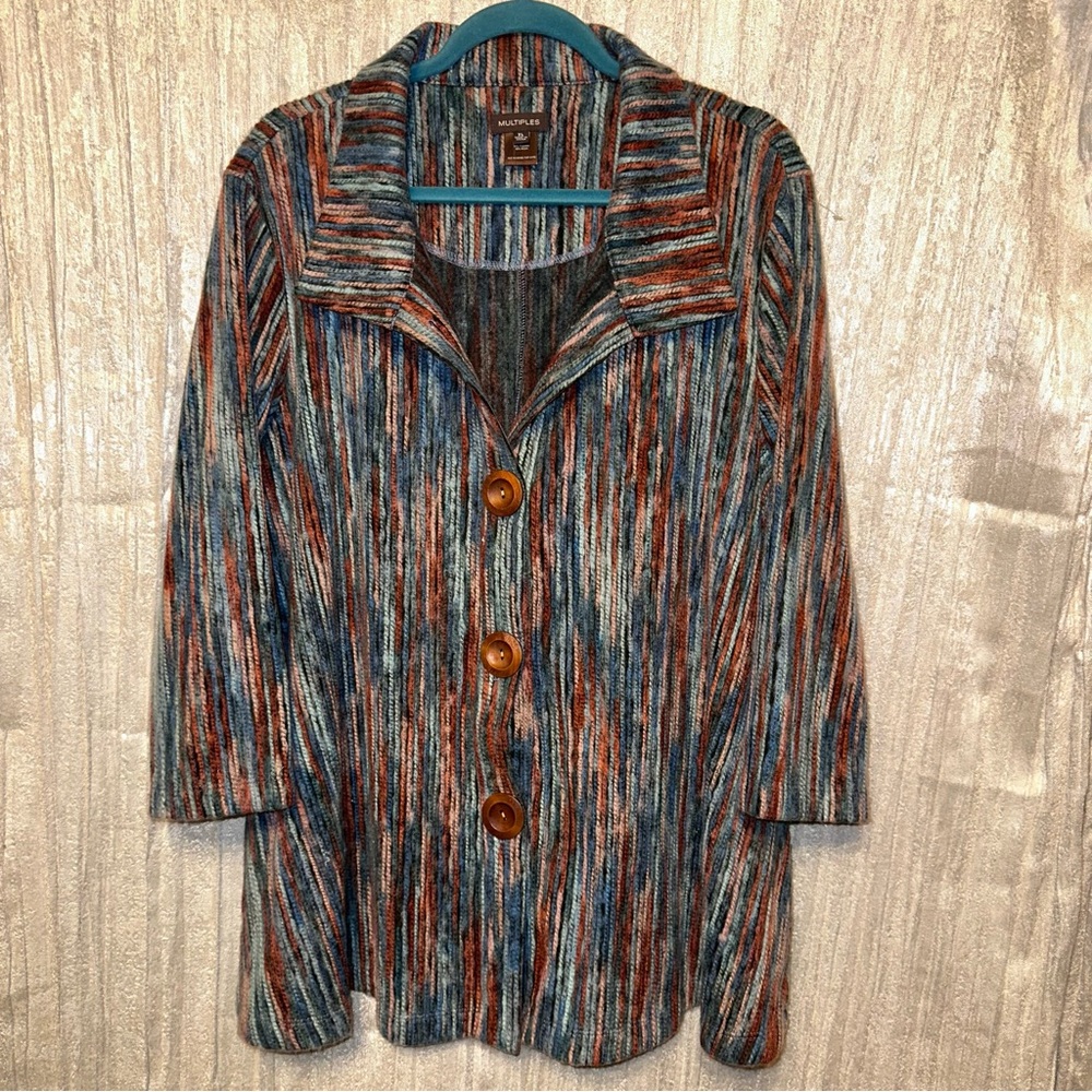 Multiples Vibrant Striped Yarn Knit Jacket Wooden Buttons Space Dye {XL} LN
